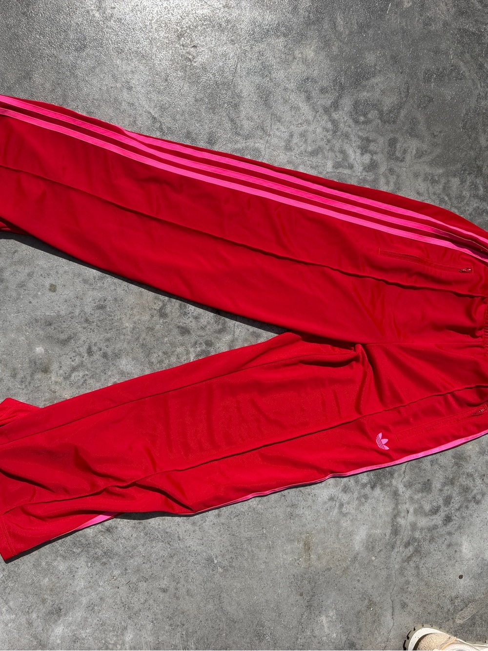 Adidas Red Track Pants with Pink Stripes